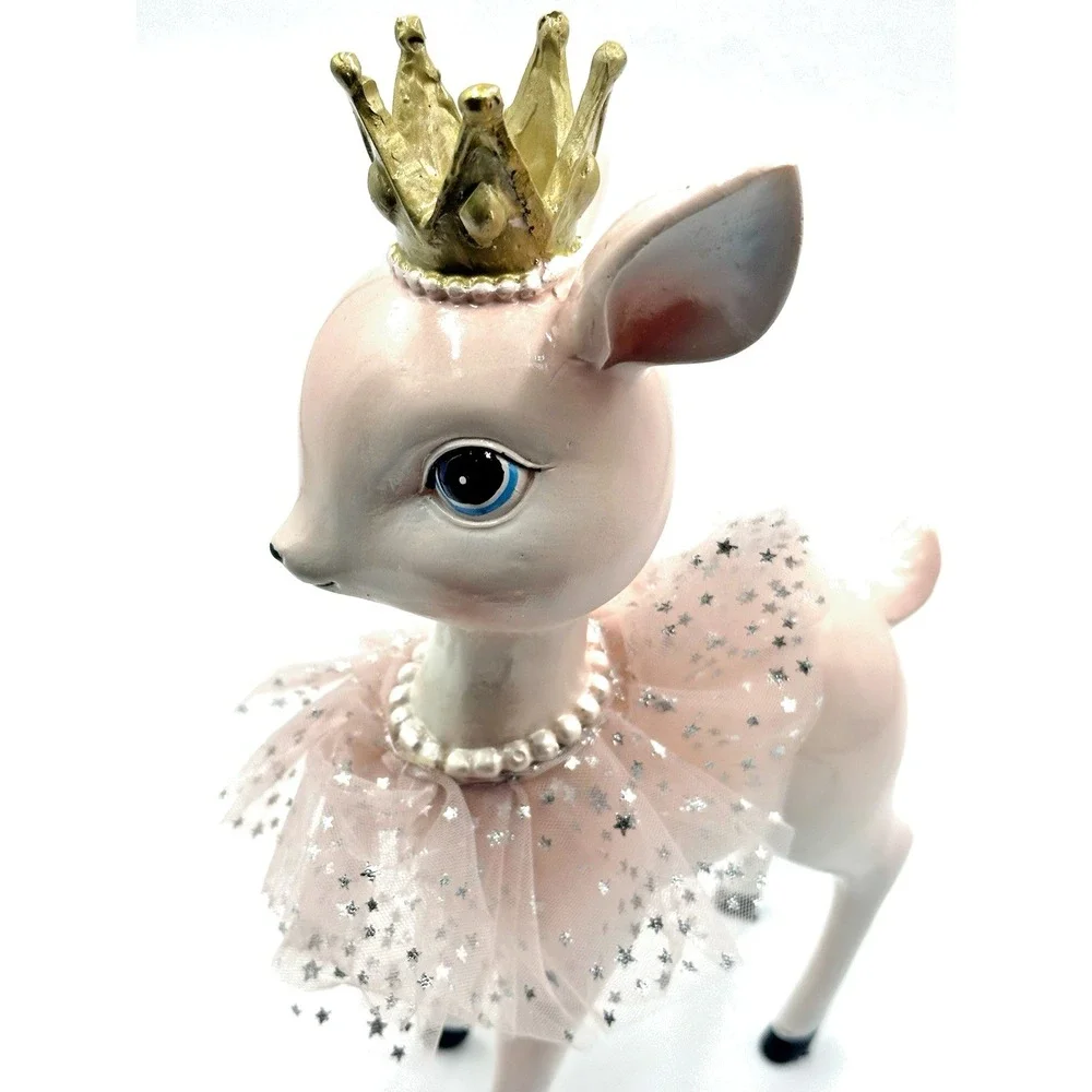 Bella Lux Pink Deer Figurine 10 Inch Crown Tulle Skirt Christmas Decor Princess